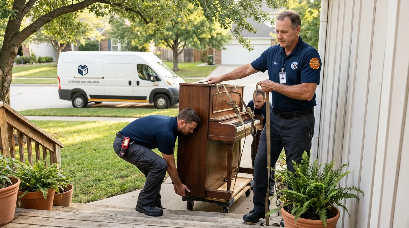 Licensed piano movers securing grand piano in Elyria, OH