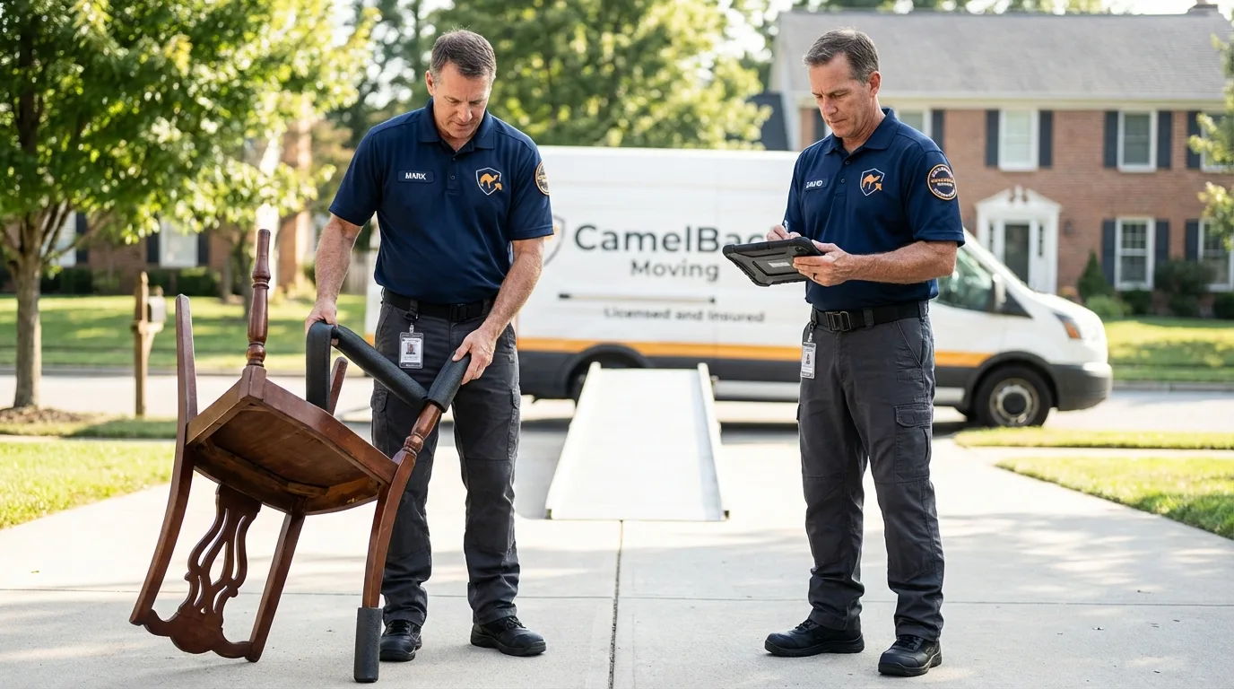 Movers inspecting furniture for damage prevention before loading in Elyria, OH